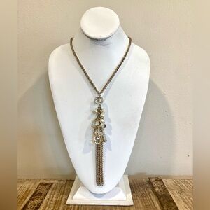 WHBM Gold Tone Tassel and Chain Necklace Faux Crystals Faux Pearls Long